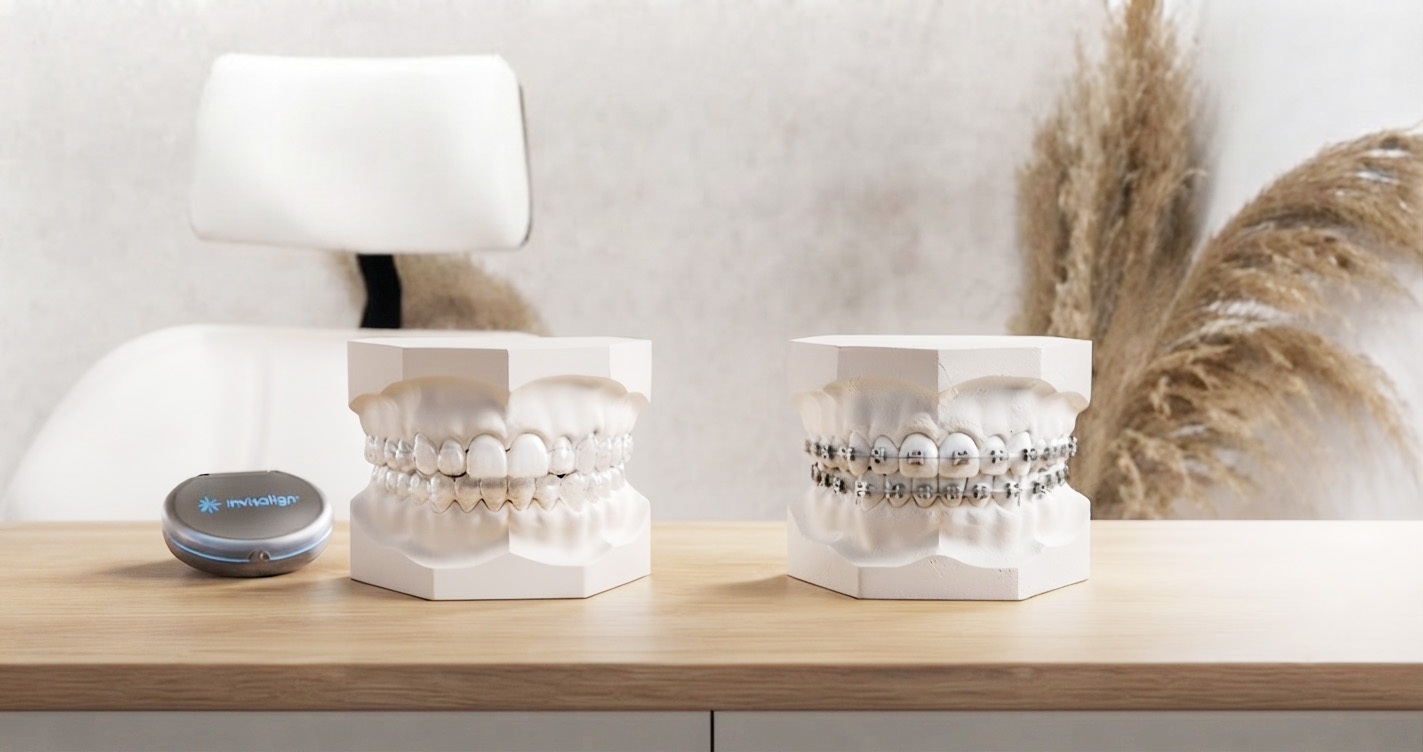 Comparação entre alinhador Invisalign transparente e aparelho fixo metálico